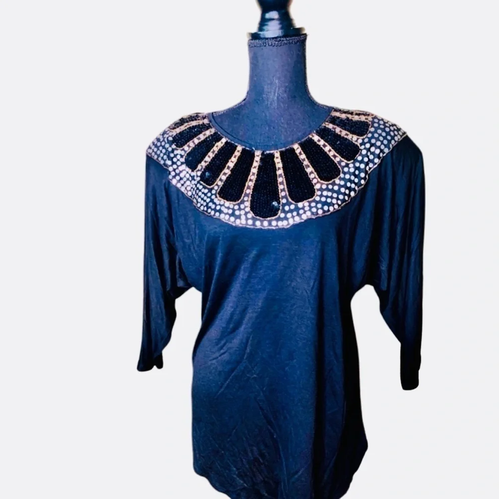 Vintage Black Western Connection Top With Black and Gold Sequin Size Small - Picture 1 of 4